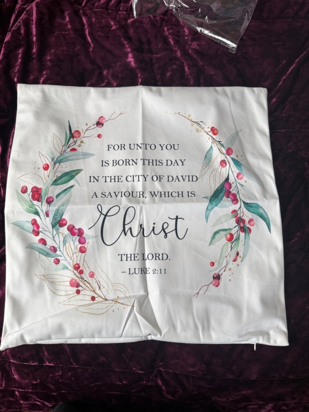 Scriptural Holiday Pillow Cover with Floral Wreath - White